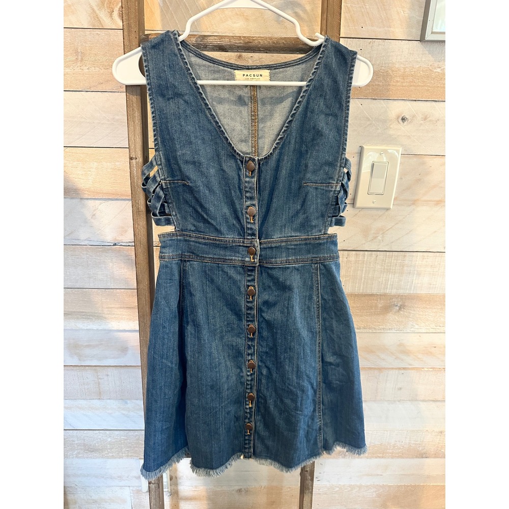 PacSun Denim Mini Dress Medium Wash Button Front Lattice Cutout Sides Small